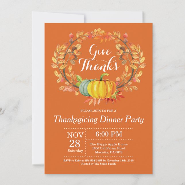 Thanksgiving Dinner Party Fall Autumn Orange Invitation (Front)