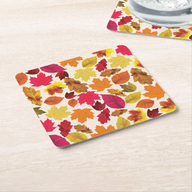 Thanksgiving Dinner Party Fall Colours Leaves Square Paper Coaster (Angled)