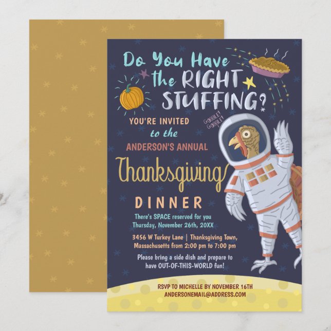 Thanksgiving Dinner Party Funny Astronaut Turkey Invitation (Front/Back)