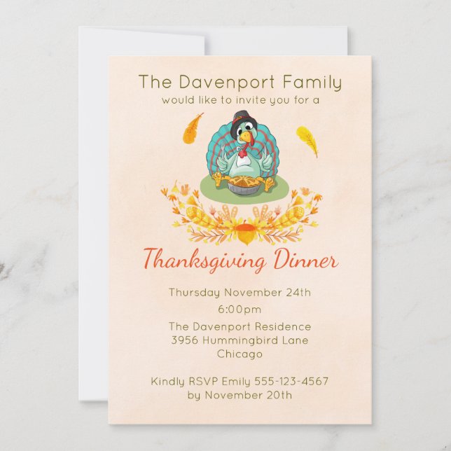 Thanksgiving Dinner Party Turkey Eating Pie Invitation (Front)