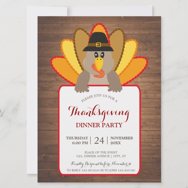 Thanksgiving Dinner Party Turkey Invitation Card (Front)