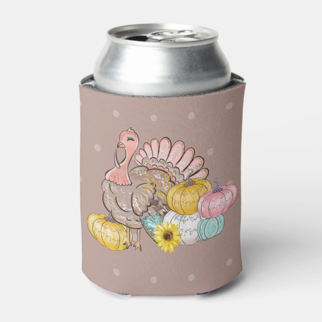 Thanksgiving Dinner Party Turkey Pumpkins Pink Tan Can Cooler (Can Front)