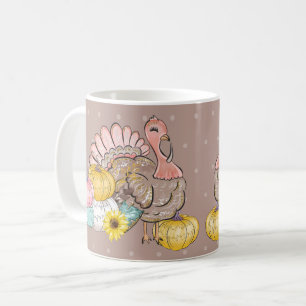 Thanksgiving Dinner Party Turkey Pumpkins Pink Tan Coffee Mug