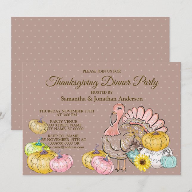 Thanksgiving Dinner Party Turkey Pumpkins Pink Tan Invitation (Front/Back)