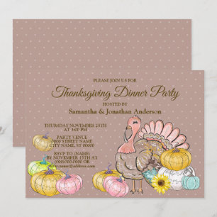 Thanksgiving Dinner Party Turkey Pumpkins Pink Tan Invitation