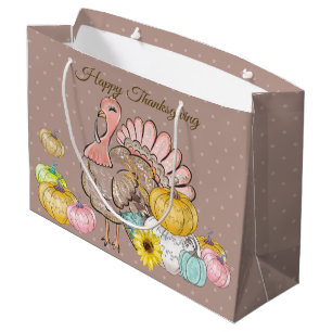 Thanksgiving Dinner Party Turkey Pumpkins Pink Tan Large Gift Bag