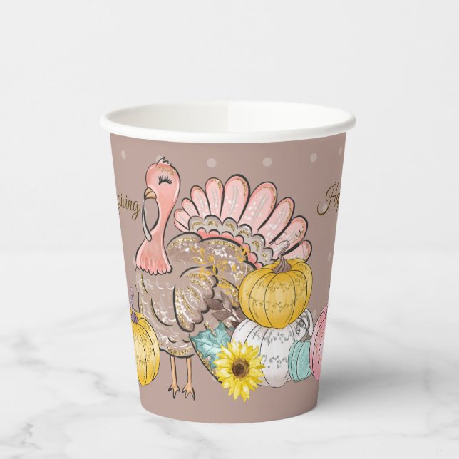 Thanksgiving Dinner Party Turkey Pumpkins Pink Tan Paper Cups (Left)