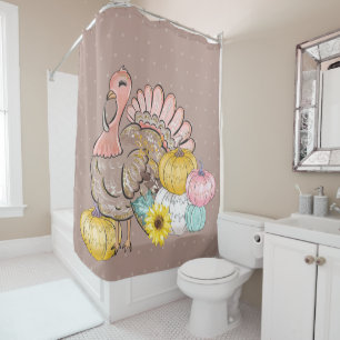 Thanksgiving Dinner Party Turkey Pumpkins Pink Tan Shower Curtain