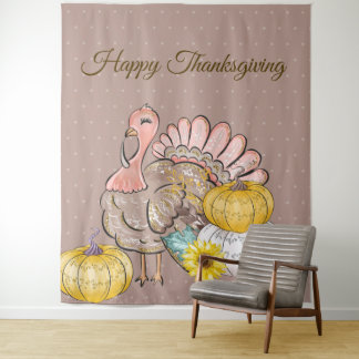 Thanksgiving Dinner Party Turkey Pumpkins Pink Tan Tapestry