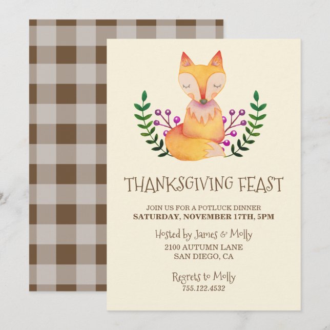 Thanksgiving Dinner Party Watercolor Fox Invitation (Front/Back)