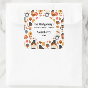 Thanksgiving Dinner Pilgrims Harvest Pattern Square Sticker