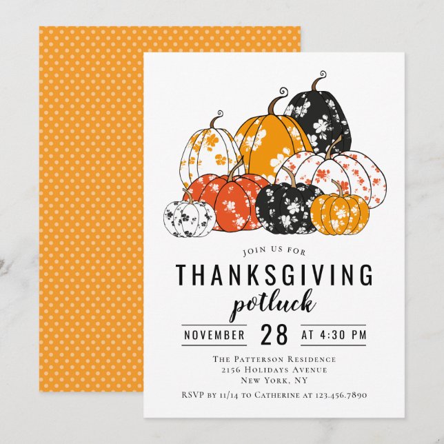 Thanksgiving Dinner Potluck Modern Floral Pumpkins Invitation (Front/Back)