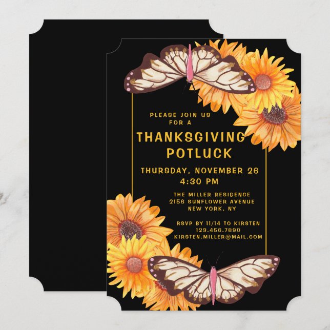 Thanksgiving Dinner Potluck Sunflowers Butterflies Invitation (Front/Back)
