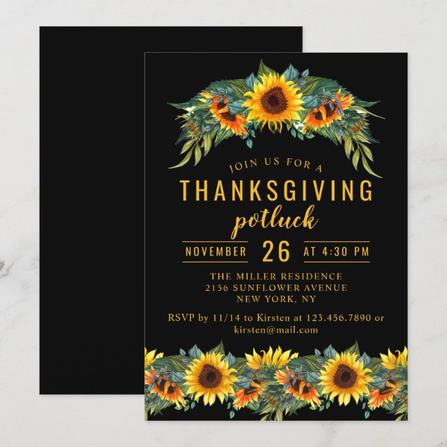 Thanksgiving Dinner Potluck Watercolor Sunflowers Invitation (Front/Back)