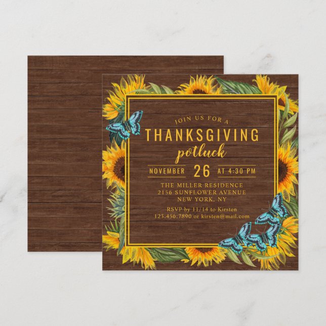 Thanksgiving Dinner Potluck Watercolor Sunflowers Invitation (Front/Back)