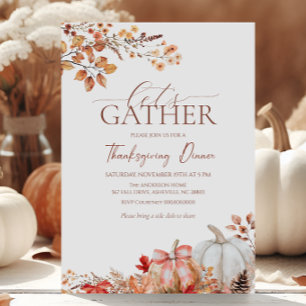 Thanksgiving Dinner Pumpkin and Autumn Leaves Invitation