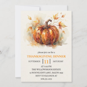 Thanksgiving Dinner Pumpkin & Autumn Leaves Invitation