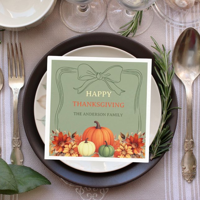 Thanksgiving dinner pumpkin bow muted moss green napkin (Creator Uploaded)