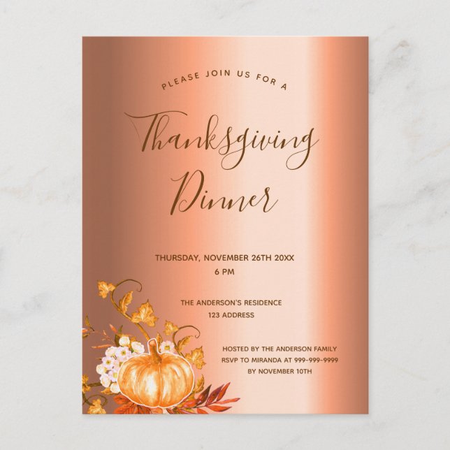 Thanksgiving dinner pumpkin copper invitation postcard (Front)