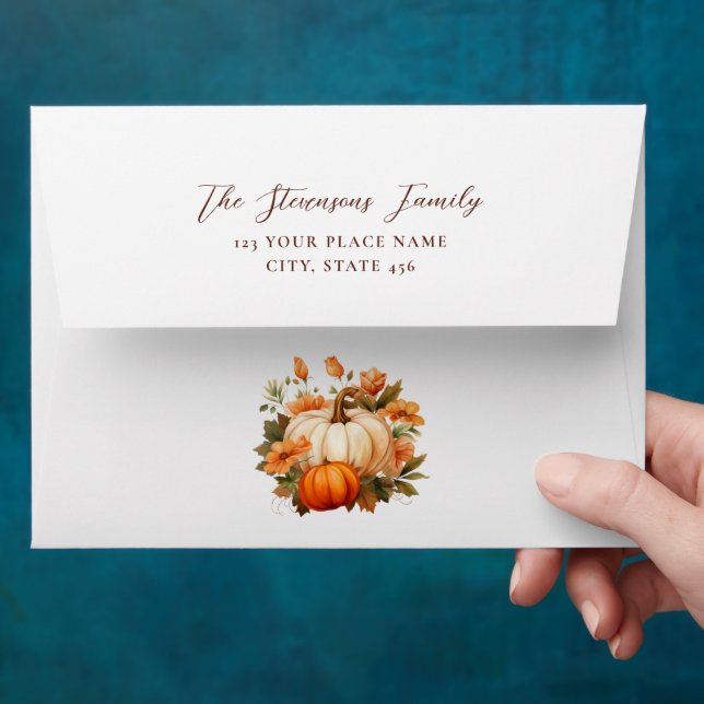 Thanksgiving Dinner Pumpkin Floral Script White Envelope (Hand)