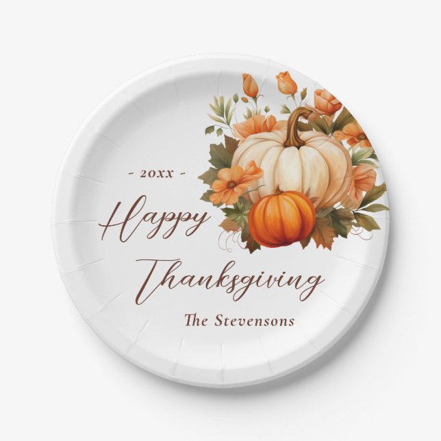 Thanksgiving Dinner Pumpkin Floral Script White Paper Plate (Front)