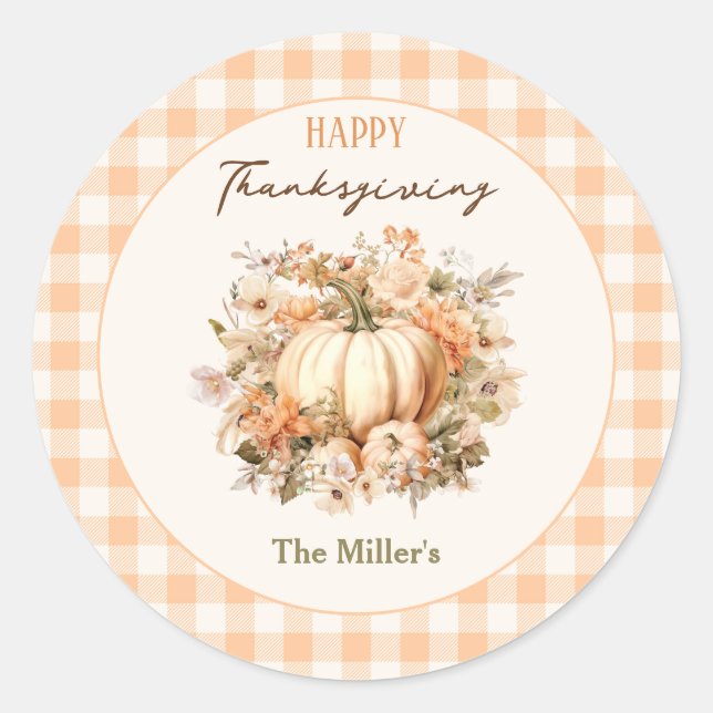 Thanksgiving Dinner Pumpkin Gingham Pastel Classic Round Sticker (Front)