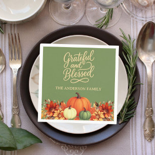 Thanksgiving dinner pumpkin green Grateful blessed Napkin