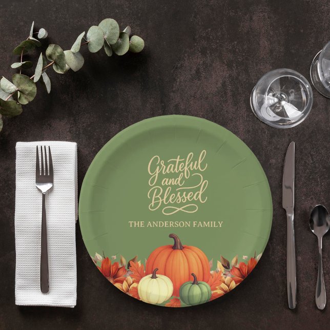 Thanksgiving dinner pumpkin green Grateful Paper Plate (Creator Uploaded)