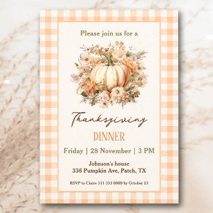 Thanksgiving Dinner Pumpkin Orange Gingham Invitation