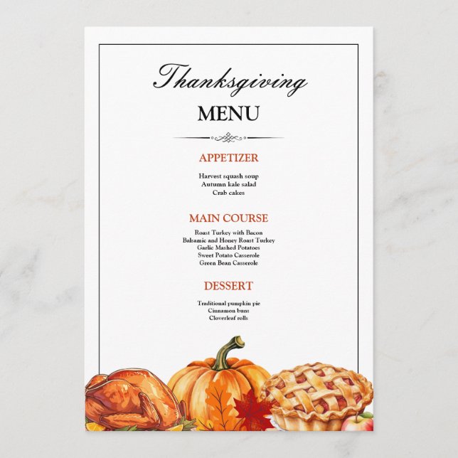 Thanksgiving Dinner Pumpkin Pie Fall Holiday Menu (Front)