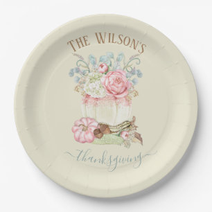 Thanksgiving Dinner Pumpkin Pink Green Paper Plate