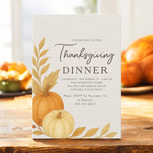 Thanksgiving Dinner Pumpkin Rustic Linen Invitation