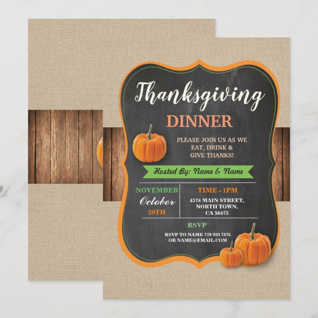 Thanksgiving Dinner Pumpkin Rustic Wood Invite (Front/Back)
