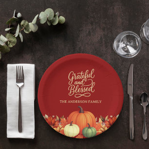 Thanksgiving dinner pumpkin terracotta Grateful Paper Plate