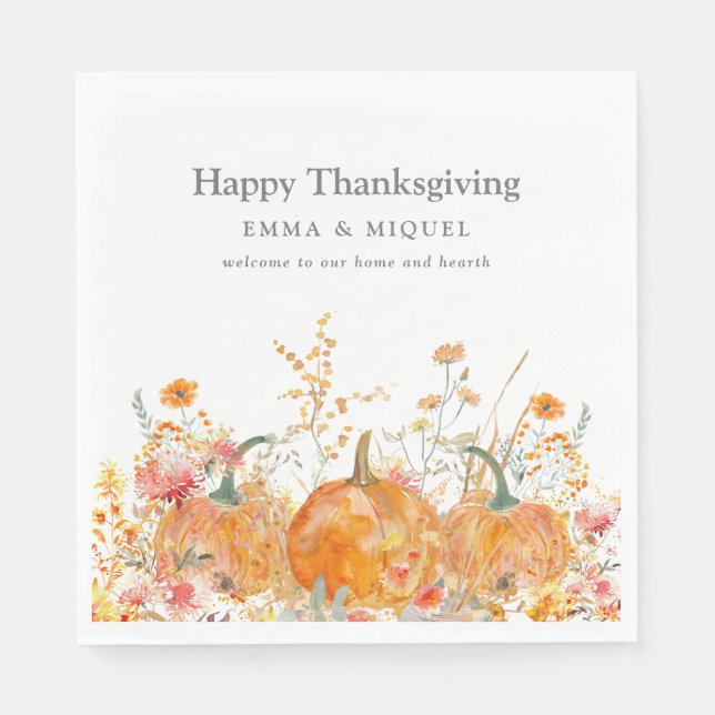 Thanksgiving Dinner Pumpkin Wildflower Modern Napkin (Front)