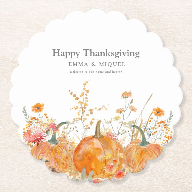 Thanksgiving Dinner Pumpkin Wildflower Modern Paper Coaster (Front)