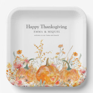 Thanksgiving Dinner Pumpkin Wildflower Modern Paper Plate