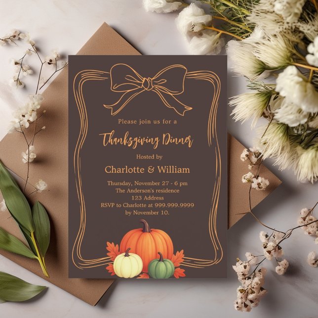 Thanksgiving dinner pumpkins bow bistre brown invitation (Creator Uploaded)