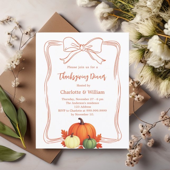 Thanksgiving dinner pumpkins bow orange invitation (Creator Uploaded)