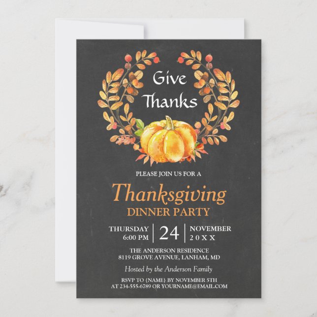 Thanksgiving Dinner | Rustic Autumn Chalkboard Invitation (Front)