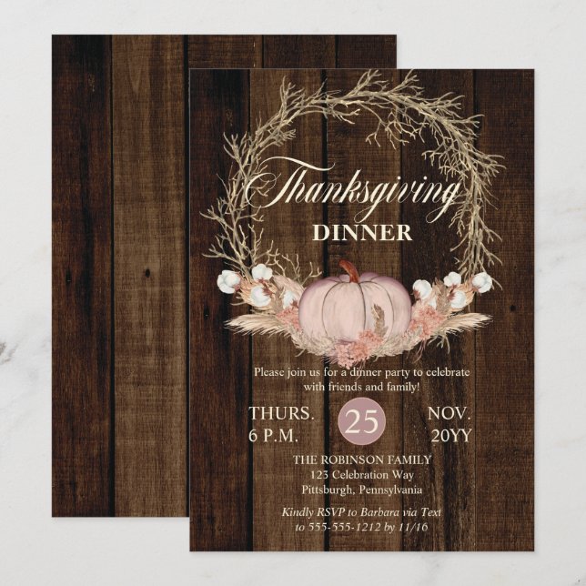 Thanksgiving Dinner Rustic Pumpkin Pampas Wreath   Invitation (Front/Back)