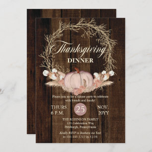 Thanksgiving Dinner Rustic Pumpkin Pampas Wreath   Invitation