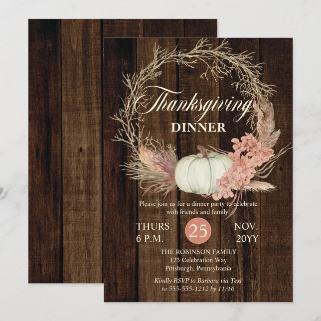 Thanksgiving Dinner Rustic Pumpkin Pampas Wreath  Invitation (Front/Back)