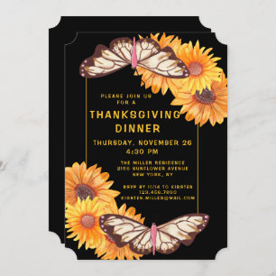 Thanksgiving Dinner Rustic Sunflowers Butterflies Invitation