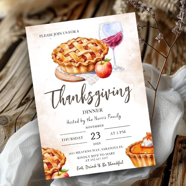 Thanksgiving Dinner Rustic Watercolor Pumpkin Pie  Invitation (Creator Uploaded)