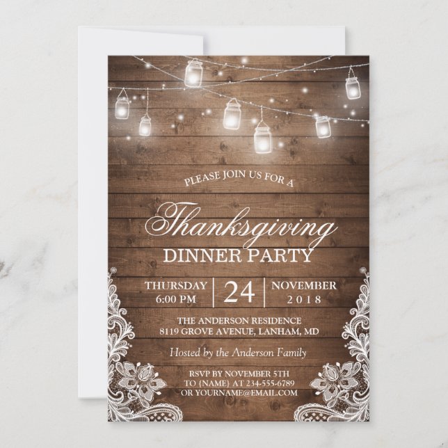 Thanksgiving Dinner Rustic Wood String Lights Lace Invitation (Front)
