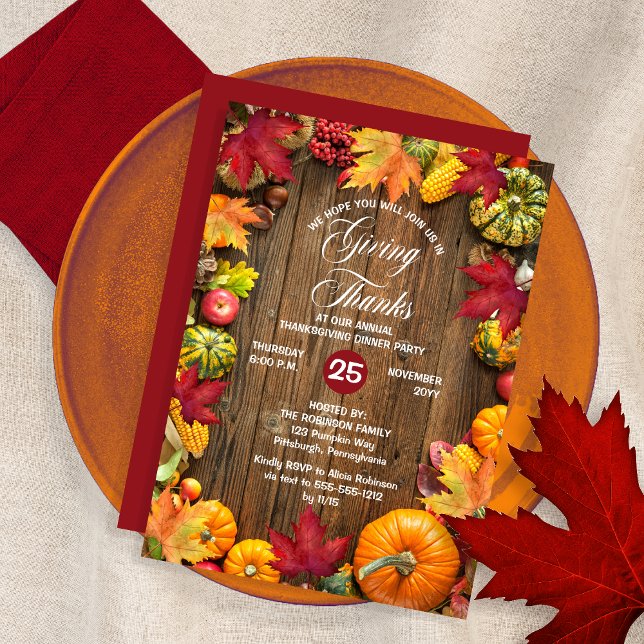 Thanksgiving Dinner - Rustic Woodsy Giving Thanks  Invitation (Rustic Woodsy "Giving Thanks" Thanksgiving Dinner Invitation with Pumpkin-Frame on a Wood Background)