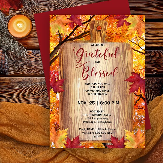 Thanksgiving Dinner-Rustic Woodsy Grateful Blessed Invitation (Thanksgiving Dinner Rustic Woodsy Cutting Board with Fall Trees and Leaves Background - Print | Digi)
