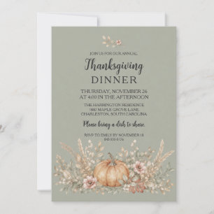 Thanksgiving Dinner Sage Green Watercolor Pumpkin Invitation