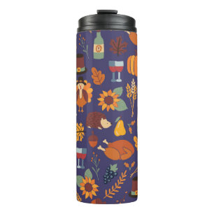 Thanksgiving dinner seamless vintage pattern with  thermal tumbler
